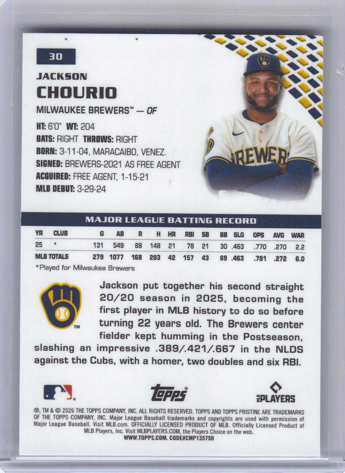 2026 Topps Pristine #30 Jackson Chourio Milwaukee Brewers
