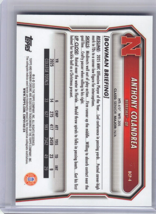 2026 Bowman #BCP-4 Anthony Colandrea Chrome Prospects Nebraska Cornhuskers