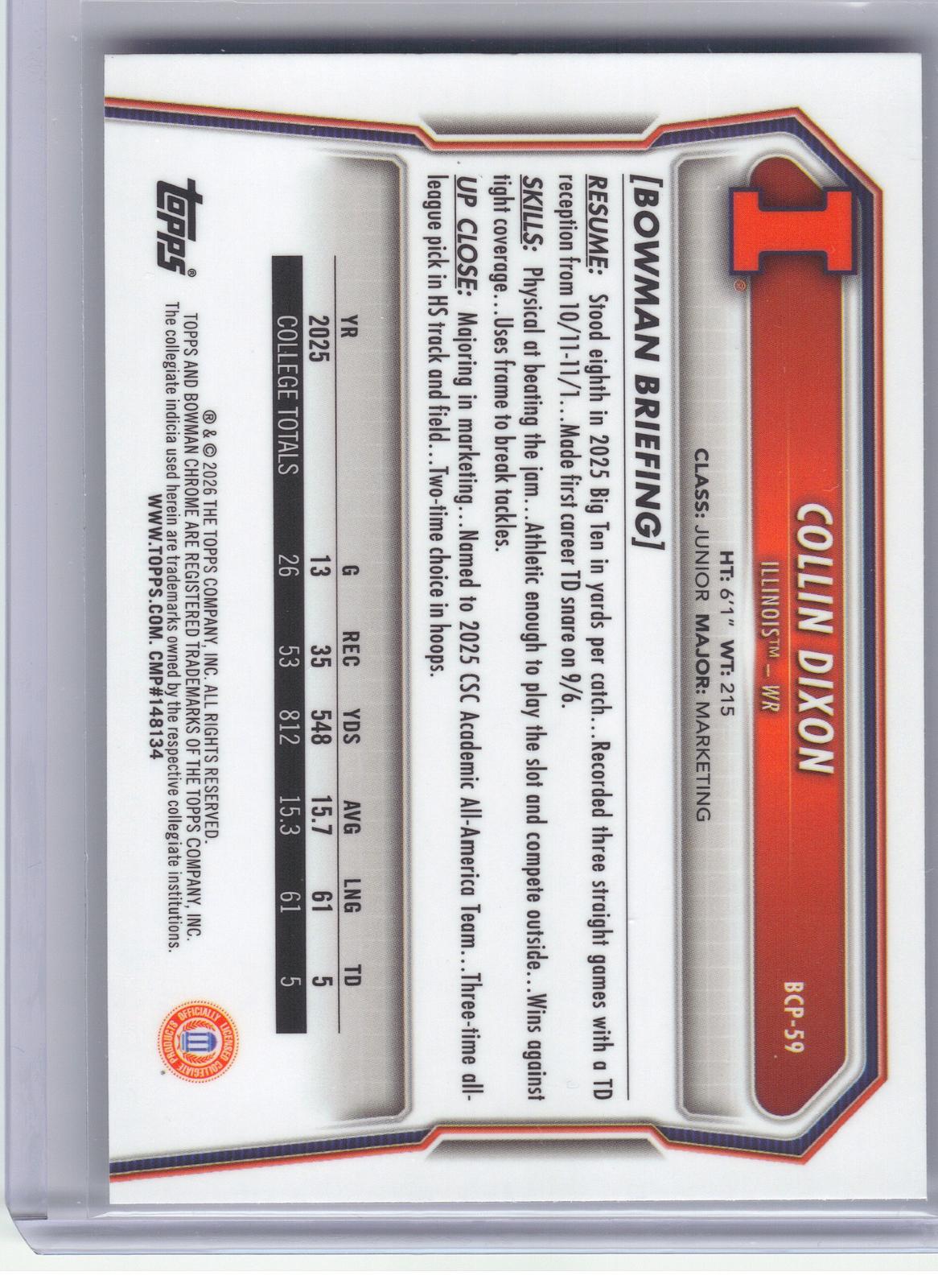2026 Bowman #BCP-59 Collin Dixon Chrome Prospects Illinois Fighting Illini