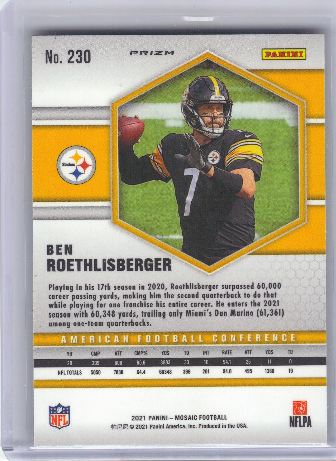 2021 Panini Mosaic #230 Ben Roethlisberger Prizm Reactive Yellow Pittsburgh Steelers