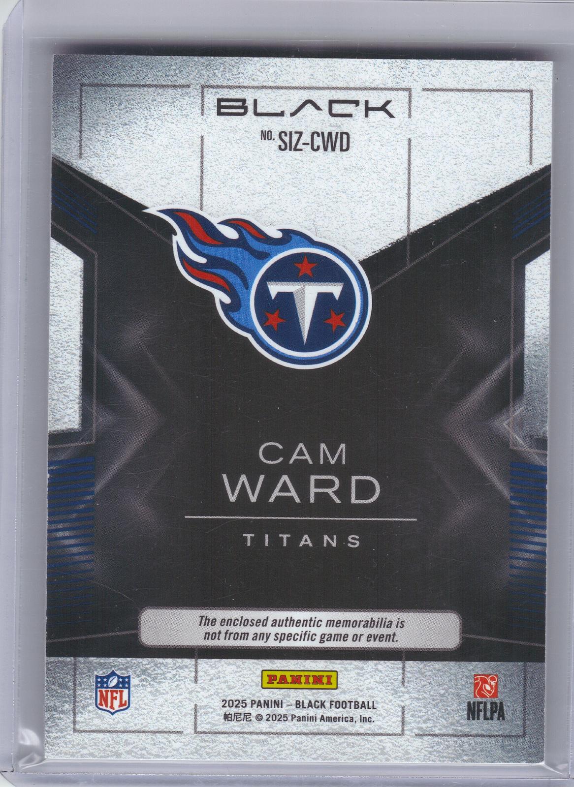 2025 Panini Black #SIZ-CWD Cam Ward Sizeable Rookie Memorabilia Royal #/149 Tennessee Titans SN, MEM