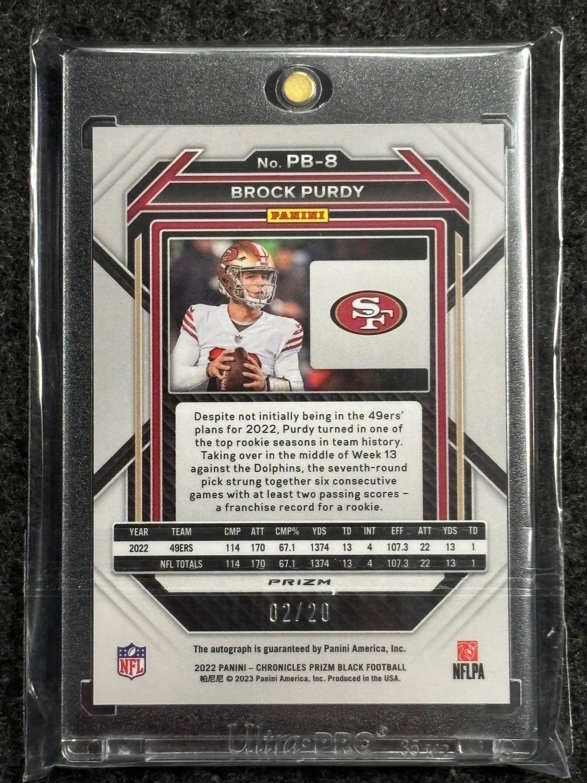 2022 Panini Chronicles #PB-8 Brock Purdy Prizm Black Signatures Green #/20 San Francisco 49ers SN, AU