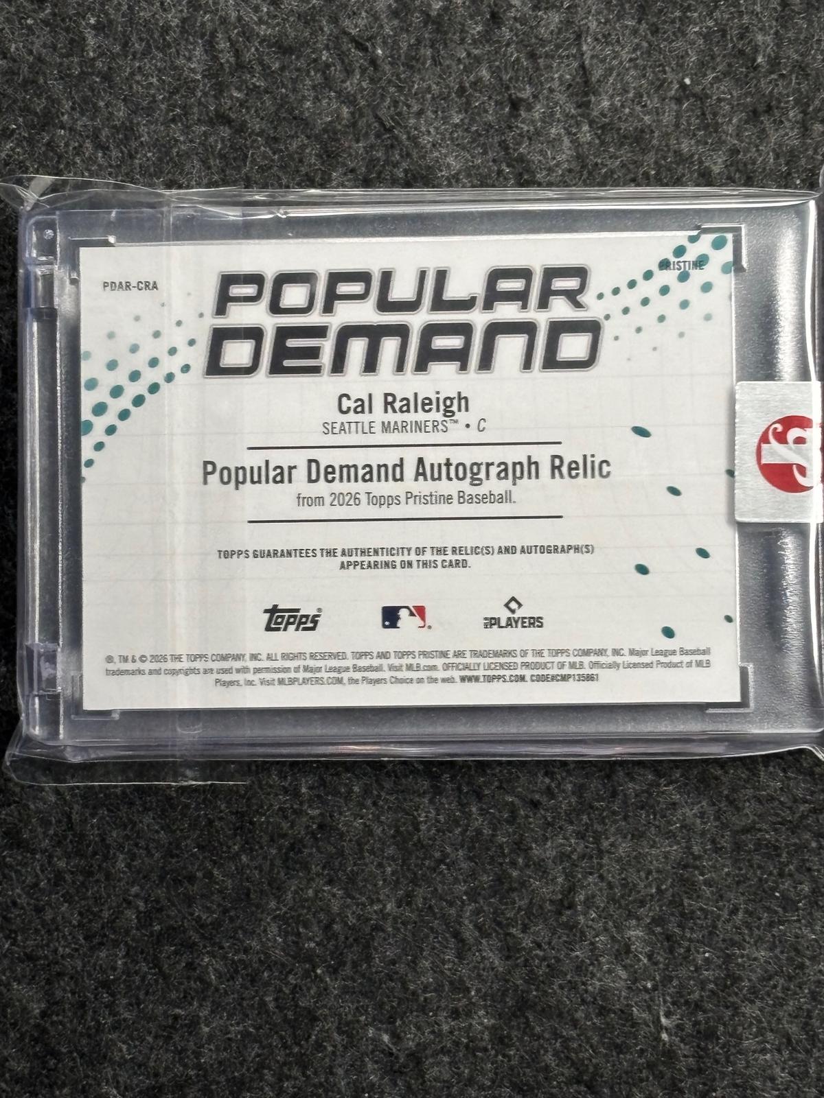 2026 Topps Pristine #PDAR-CRA Cal Raleigh Popular Demand Autographed Relics #'d/80 Seattle Mariners MEM, AU