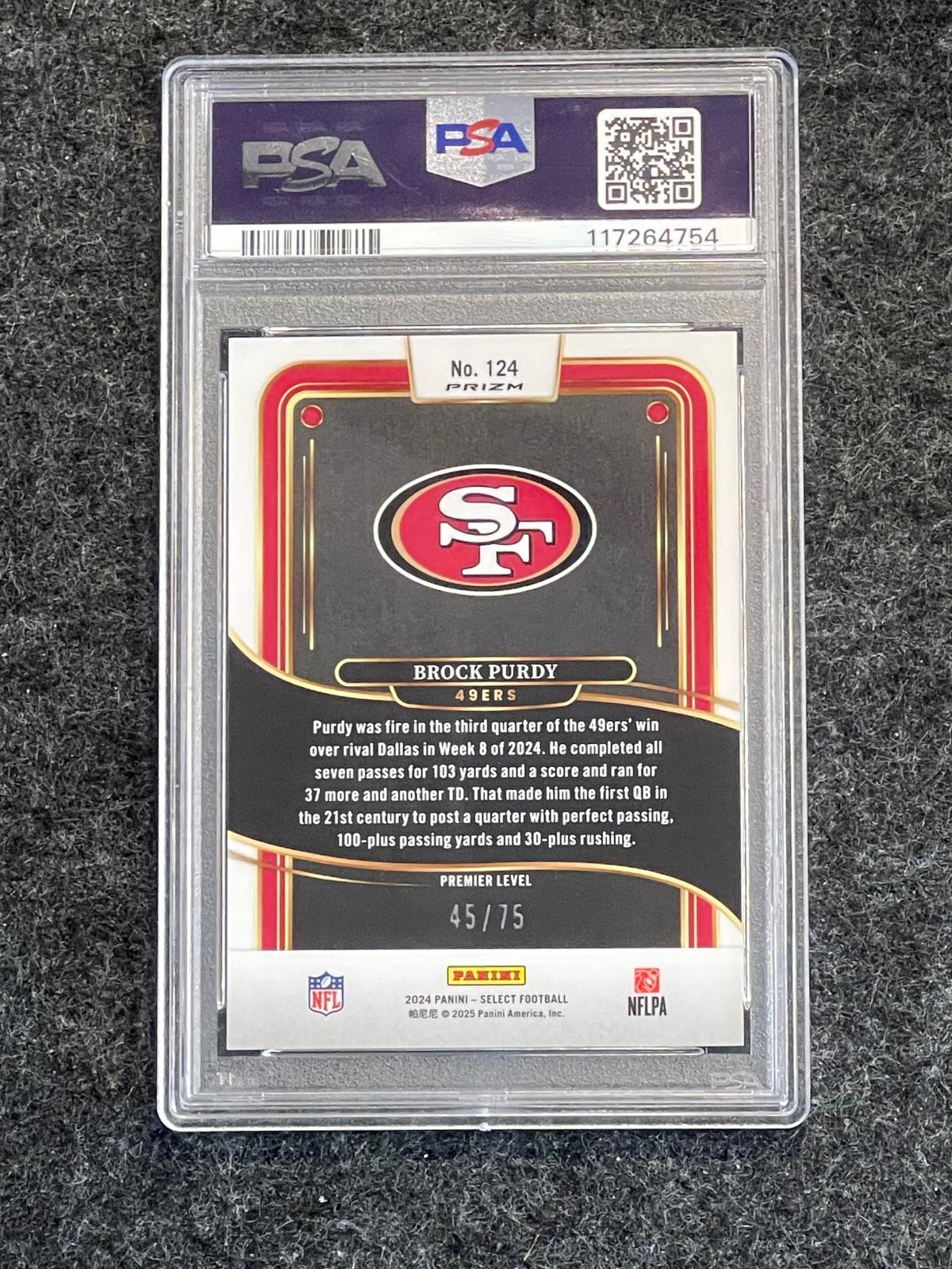 2024 Panini Select #124 Brock Purdy Purple Prizm PSA 10 #/75 San Francisco 49ers SN