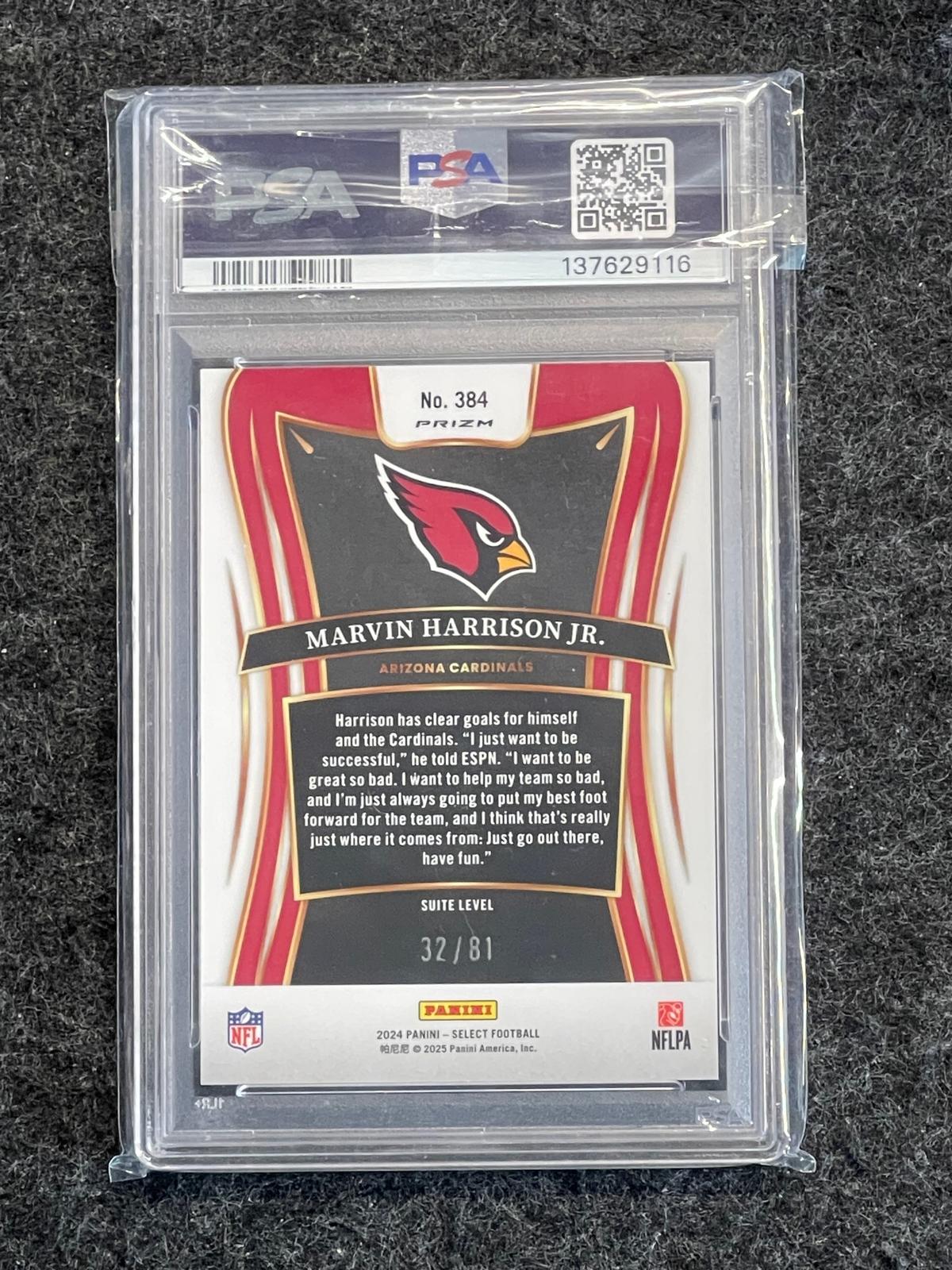 2024 Panini Select #384 Marvin Harrison Jr. Dragon Scale Prizm PSA 10 #/81 Arizona Cardinals SN, RC