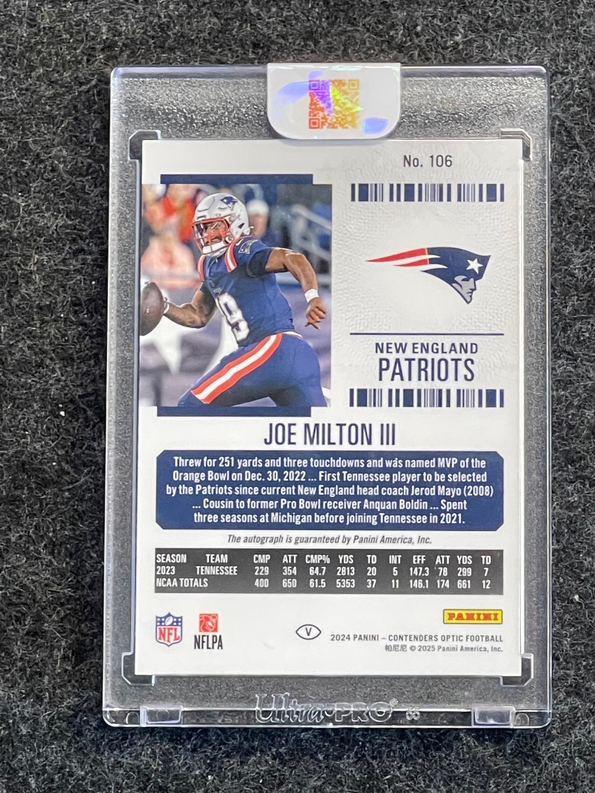 2024 Panini Contenders Optic #106 Joe Milton III Silver New England Patriots RC, AU