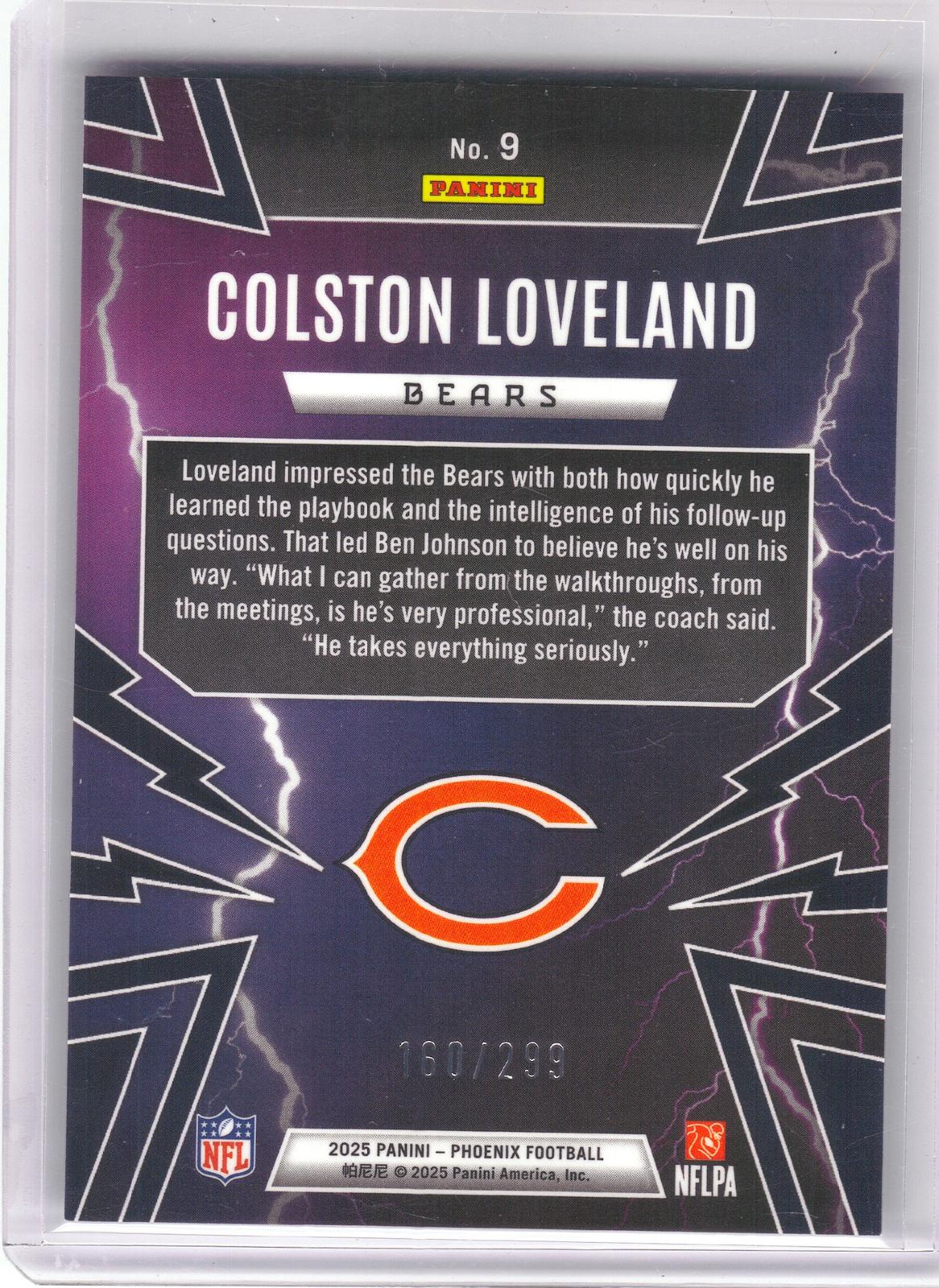 2025 Panini Phoenix #9 Colston Loveland Thunderbirds Wave Prizm #/299 Chicago Bears SN