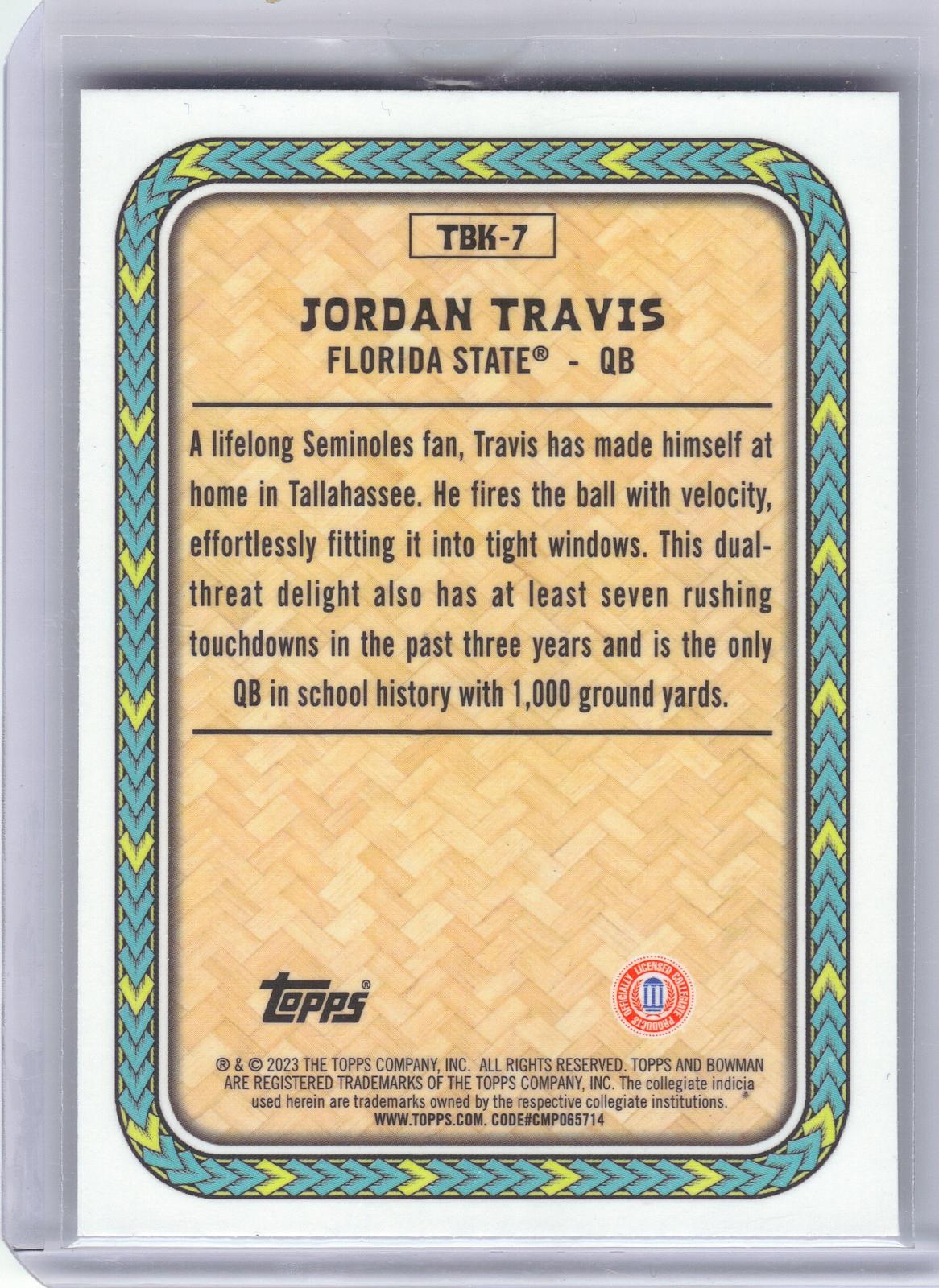 2023 Bowman University Chrome #TBK-7 Jordan Travis The Big Kahuna Florida State Seminoles