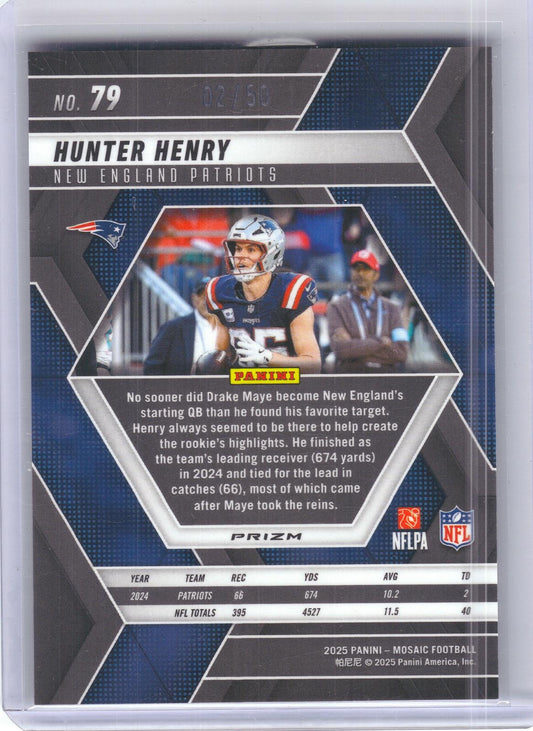 2025 Panini Mosaic #79 Hunter Henry Mosaic No Huddle Purple #/50 New England Patriots SN