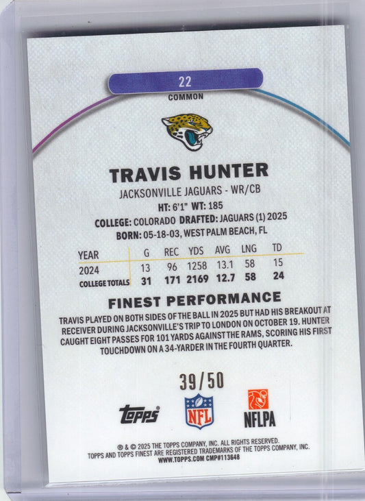 2025 Finest #22 Travis Hunter Gold Geometric Refractor #/50 Jacksonville Jaguars SN, RC