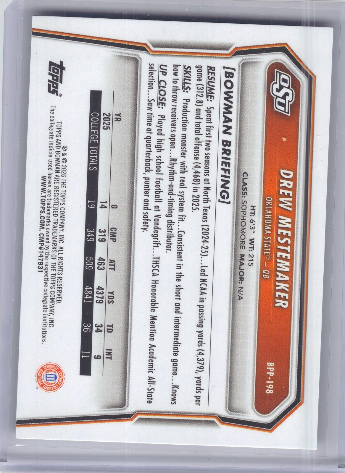 2026 Bowman #BPP-198 Drew Mestemaker Prospects Oklahoma State Cowboys