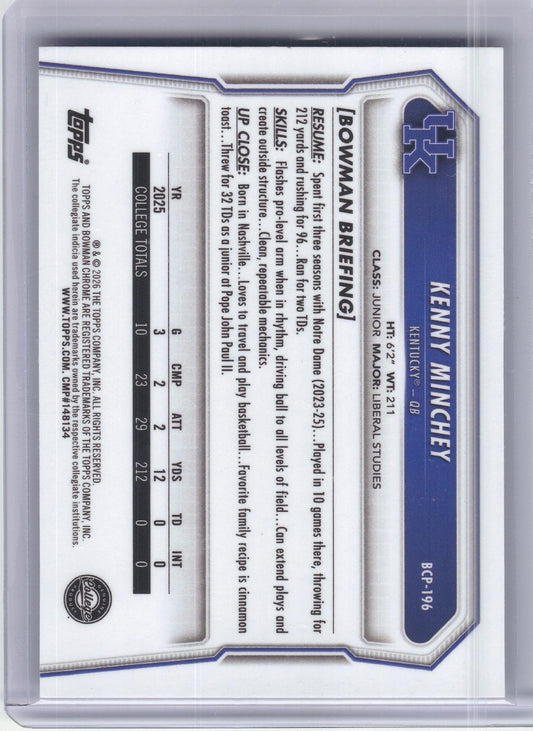 2026 Bowman #BCP-196 Kenny Minchey Chrome Prospects Mojo Refractor Kentucky Wildcats