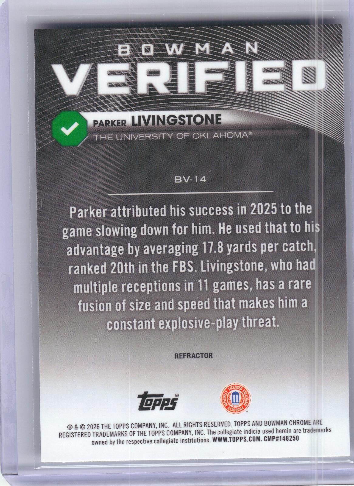 2026 Bowman #BV-14 Parker Livingstone Bowman Verified Oklahoma Sooners
