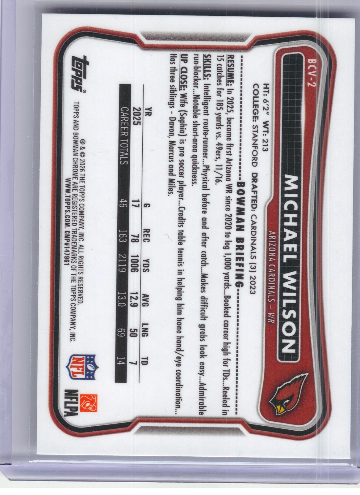 2026 Bowman #BCV-2 Michael Wilson Chrome Speckle Arizona Cardinals
