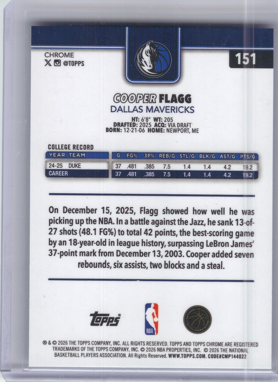 2025-26 Topps Chrome Update #151 Cooper Flagg Dallas Mavericks RC