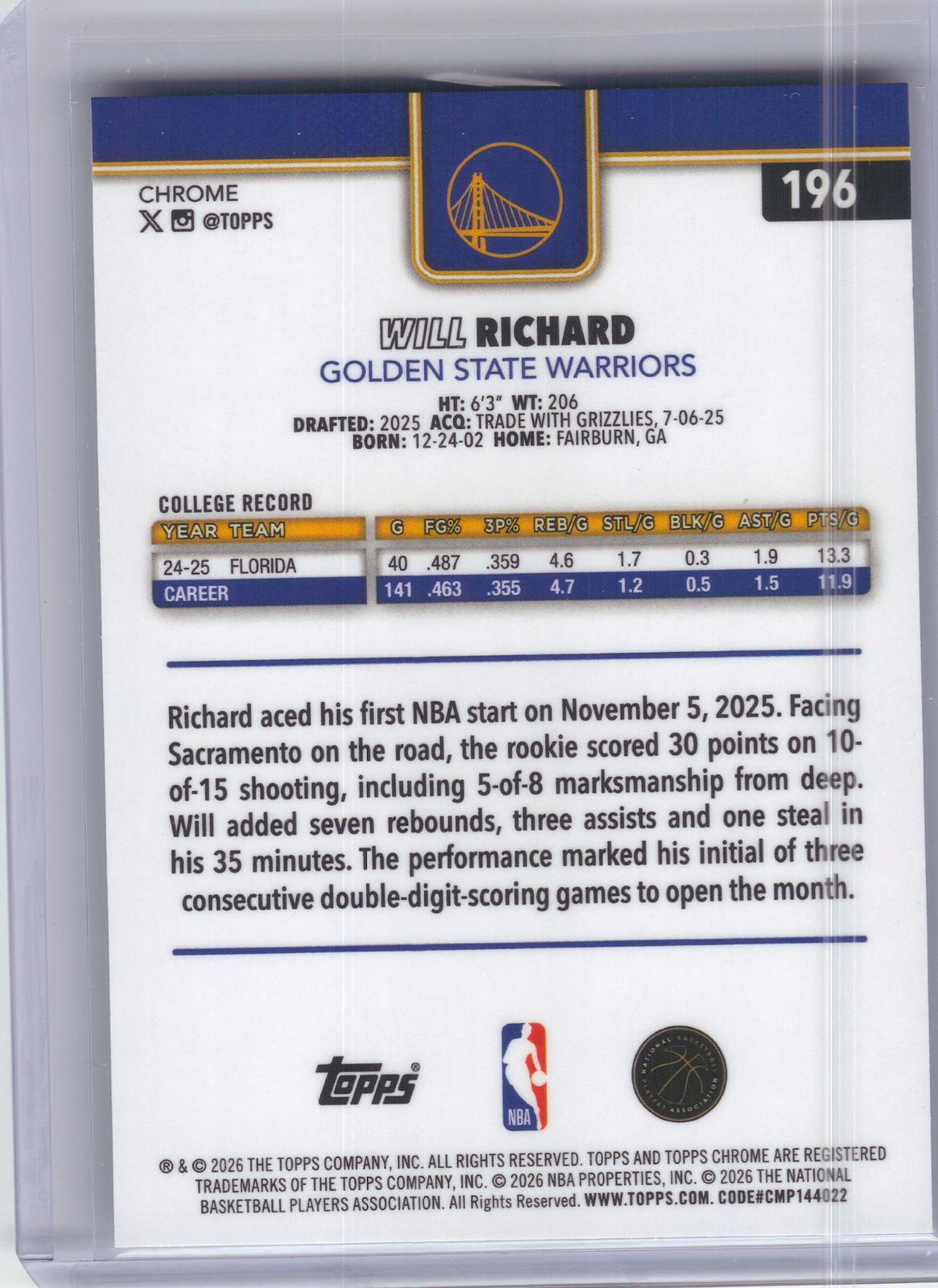 2025-26 Topps Chrome Update #196 Will Richard Golden State Warriors RC