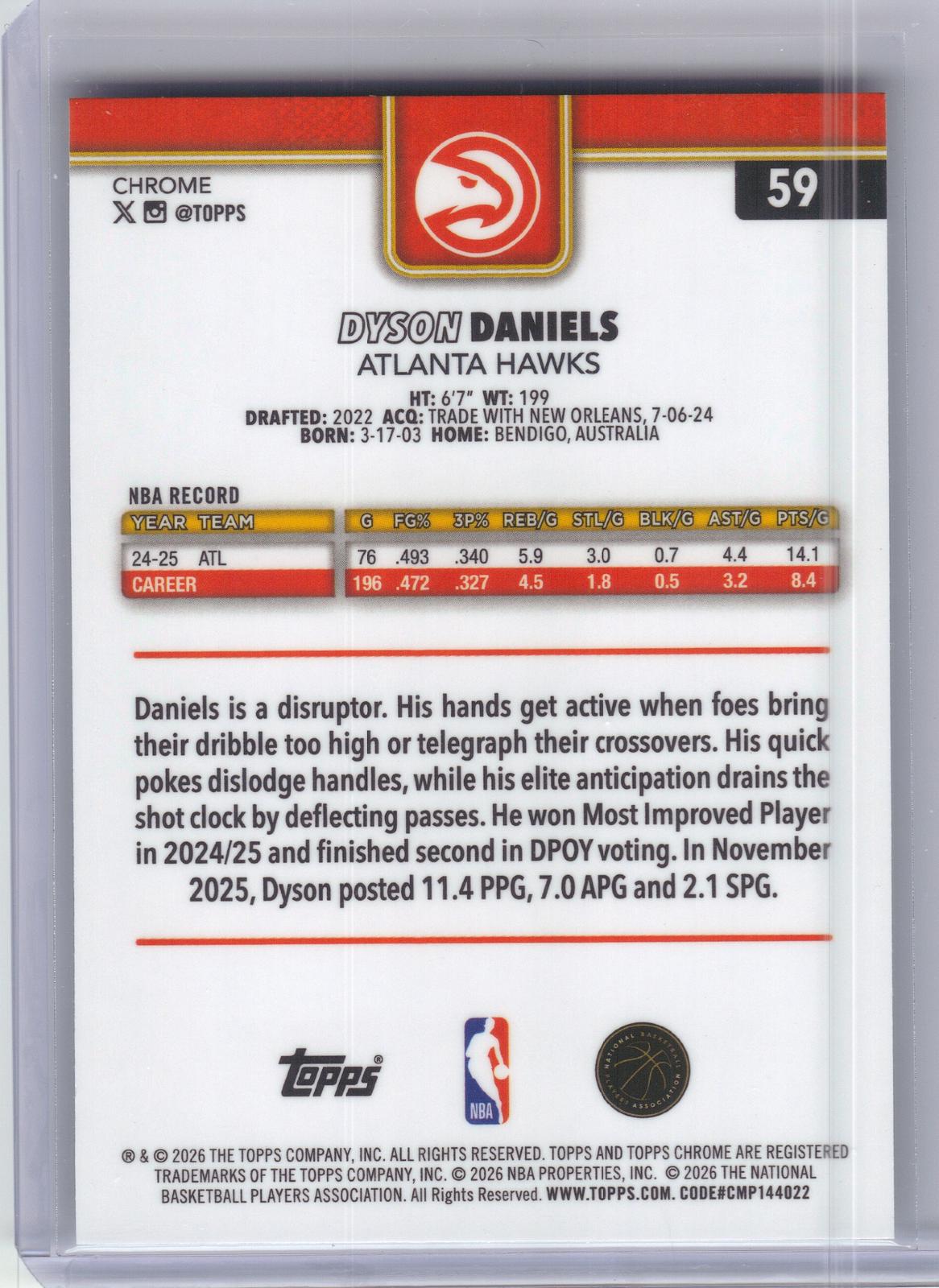 2025-26 Topps Chrome Update #59 Dyson Daniels RayWave Refractor Atlanta Hawks