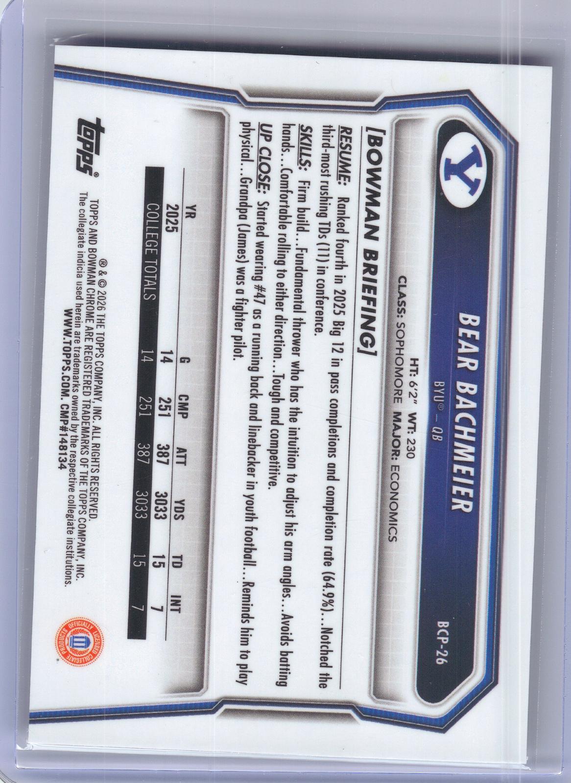 2026 Bowman #BCP-26 Bear Bachmeier Chrome Prospects BYU Cougars