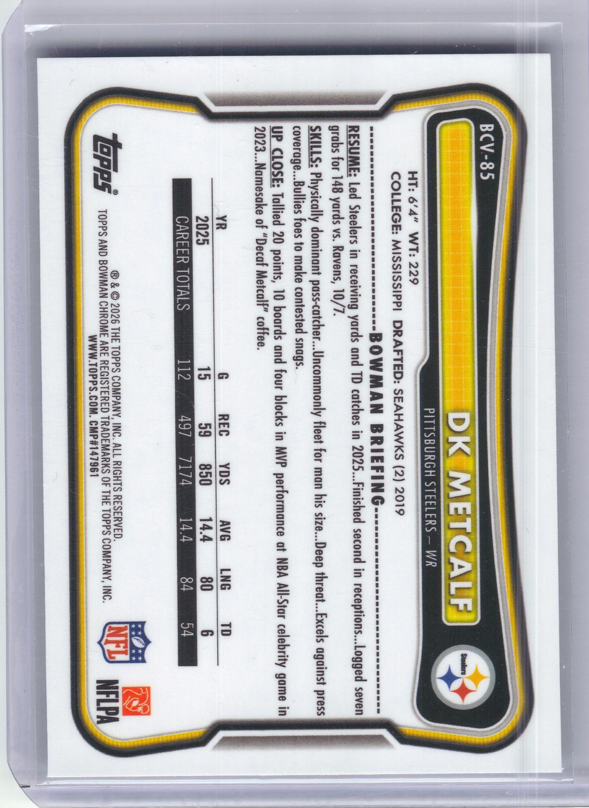 2026 Bowman #BCV-85 DK Metcalf Chrome Mojo Refractor Pittsburgh Steelers