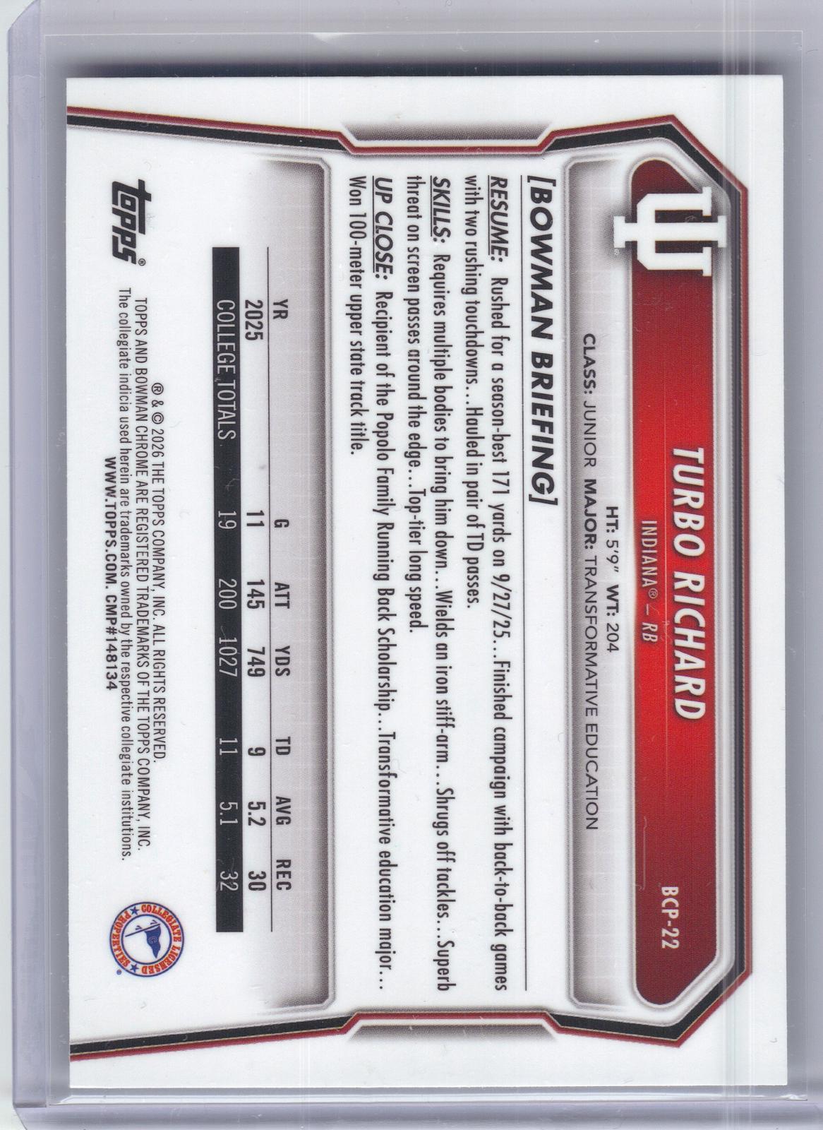 2026 Bowman #BCP-22 Turbo Richard Chrome Prospects Speckle Indiana Hoosiers
