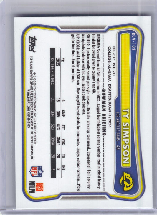 2026 Bowman #BCV-102 Ty Simpson Chrome Los Angeles Rams
