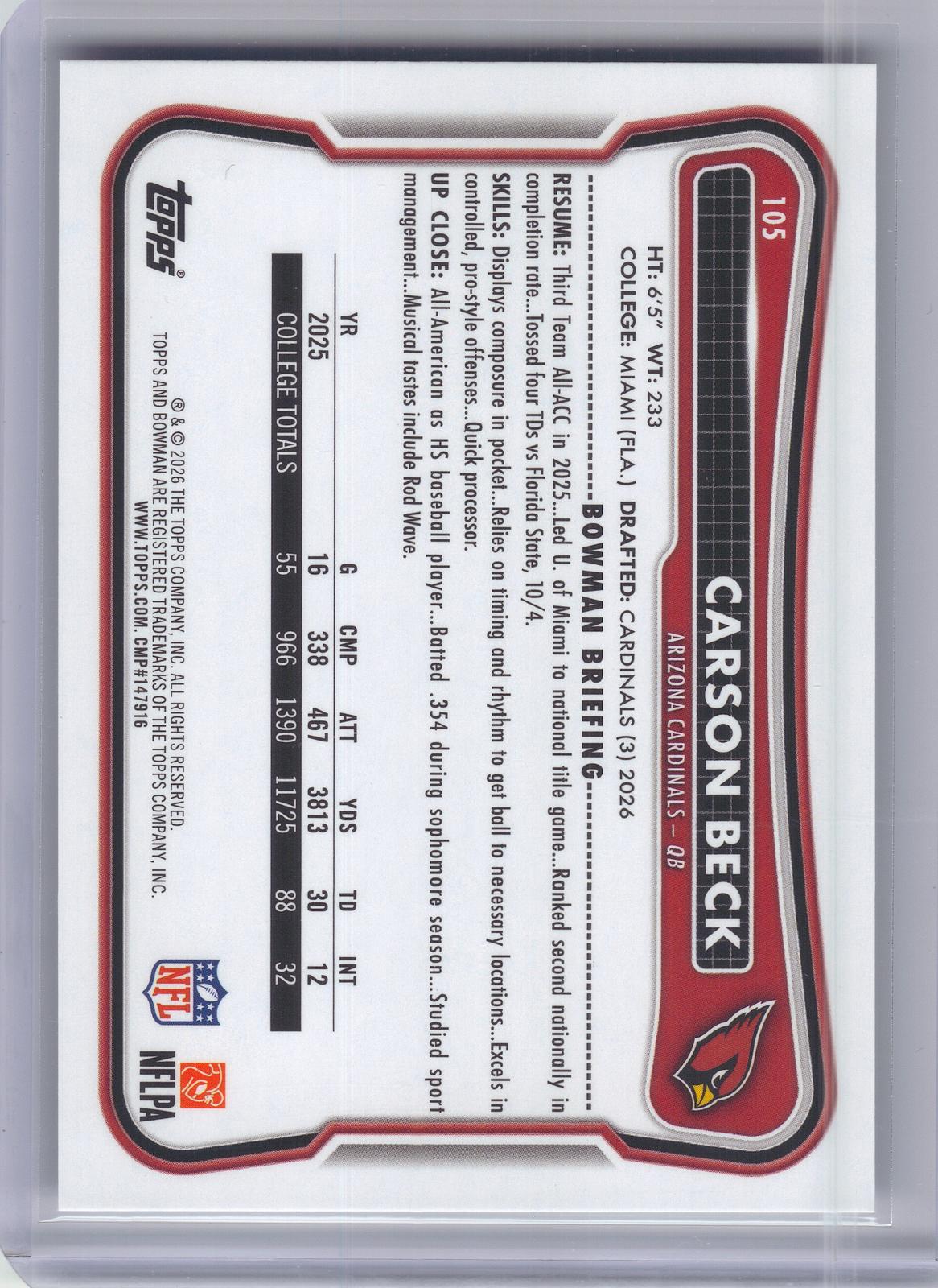 2026 Bowman #105 Carson Beck Arizona Cardinals RC