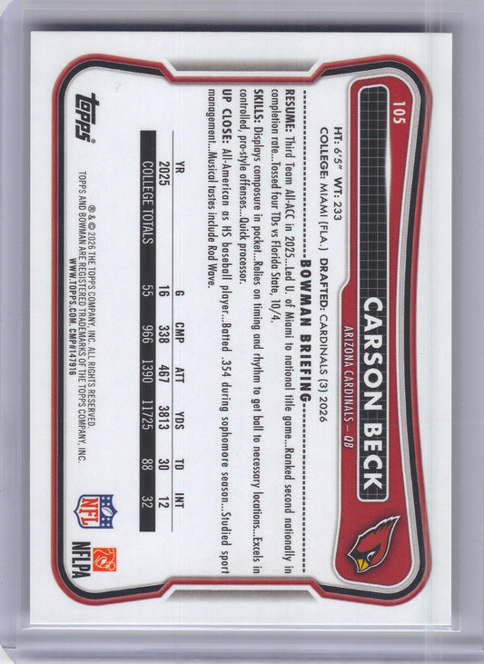 2026 Bowman #105 Carson Beck Arizona Cardinals RC