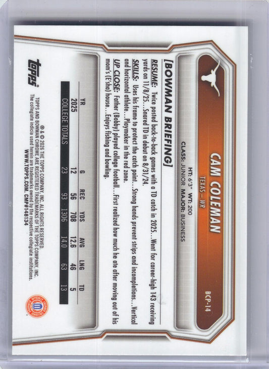 2026 Bowman #BCP-14 Cam Coleman Chrome Prospects Texas Longhorns