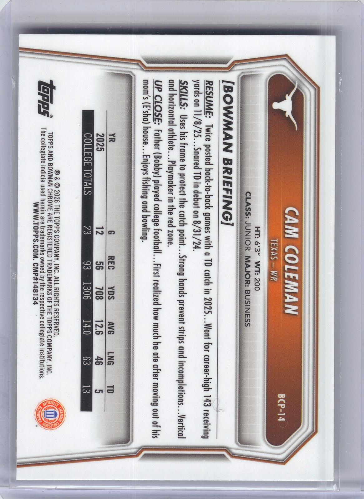 2026 Bowman #BCP-14 Cam Coleman Chrome Prospects Texas Longhorns