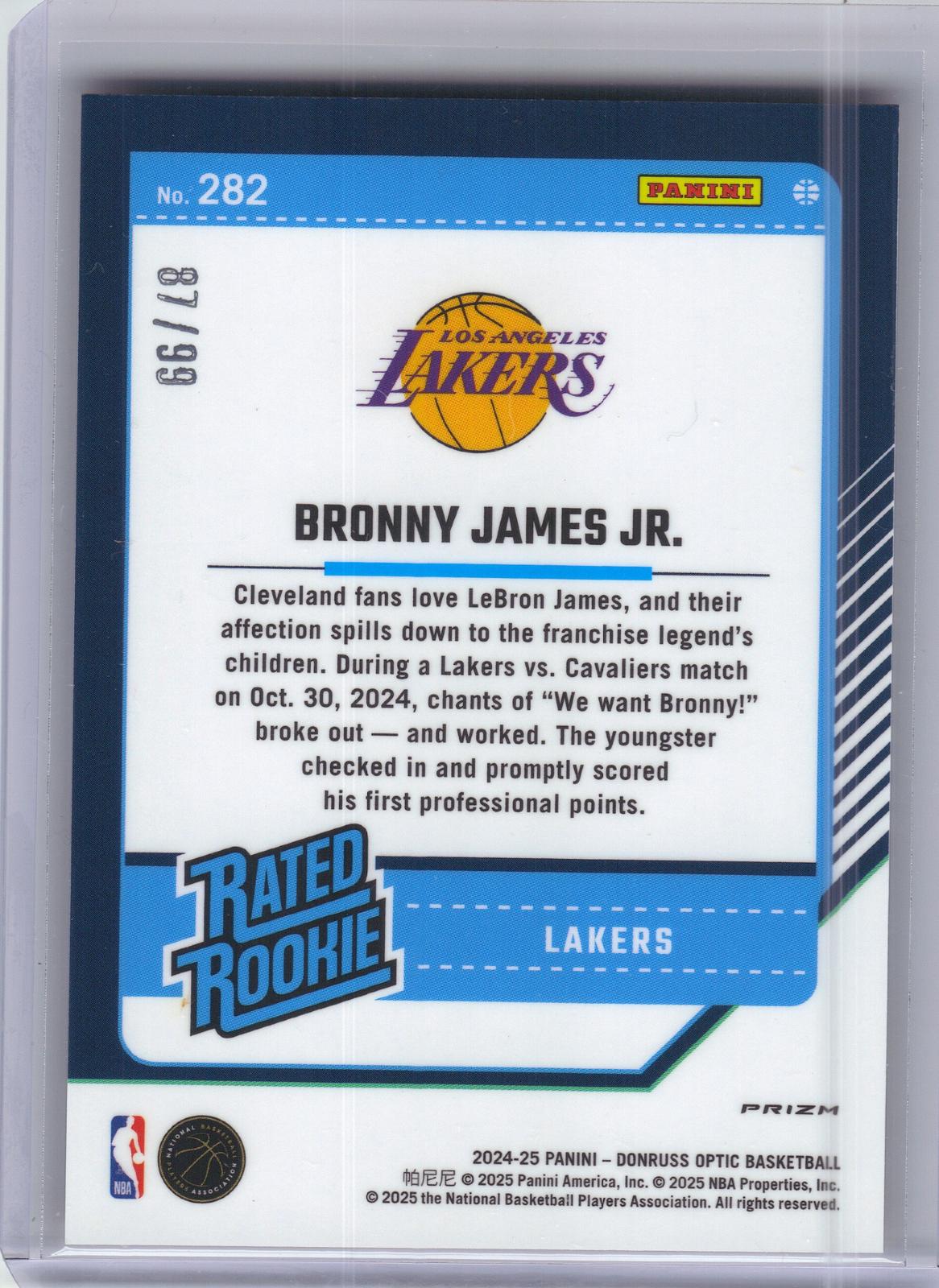 2024-25 Donruss Optic #282 Bronny James Jr. Red and Gold International #/99 Los Angeles Lakers SN, RC