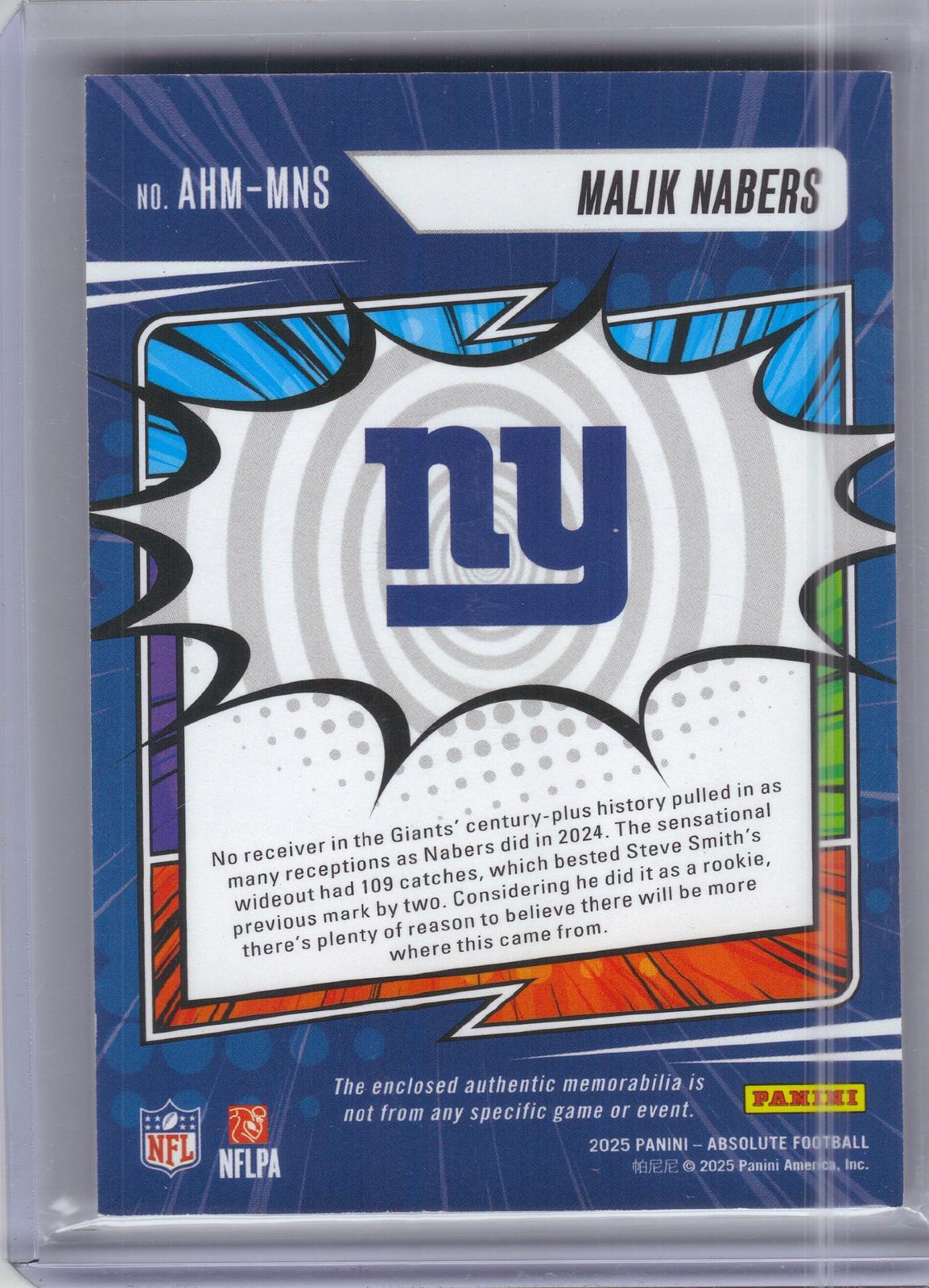 2025 Panini Absolute #AHM-MNS Malik Nabers Absolute Heroes Memorabilia Gold #/99 New York Giants SN, MEM