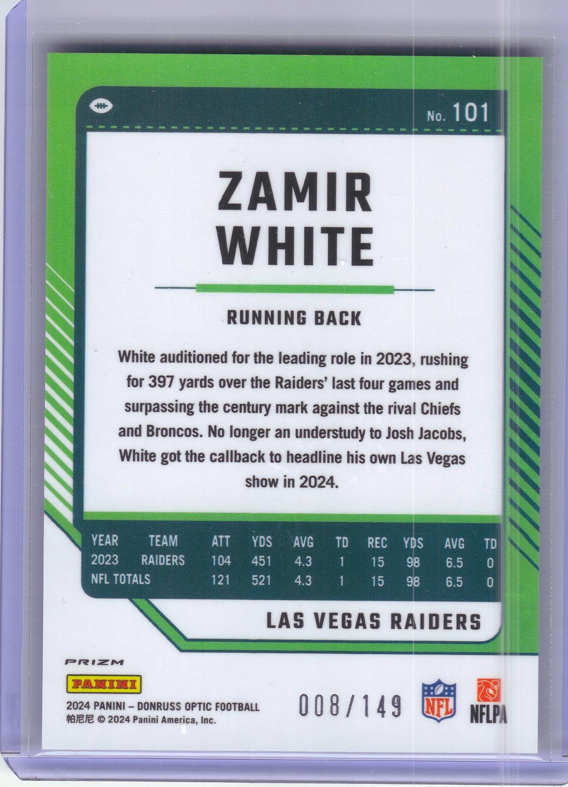 2024 Donruss Optic #101 Zamir White Flex #/149 Las Vegas Raiders SN