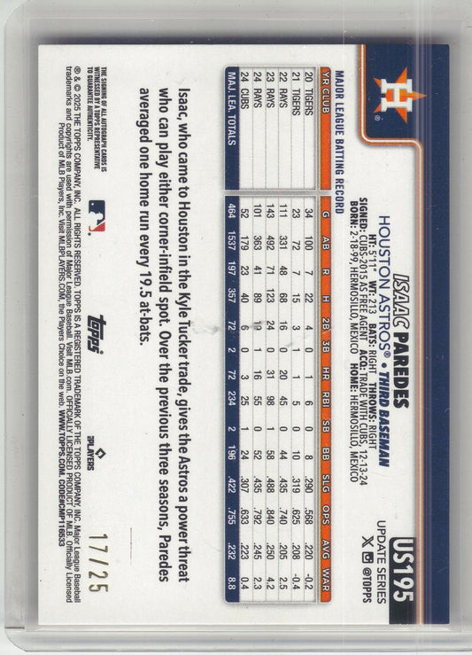 2025 Topps Update #US195 Isaac Paredes Real Ones Autographs Orange Foil #/25 Houston Astros SN, AU