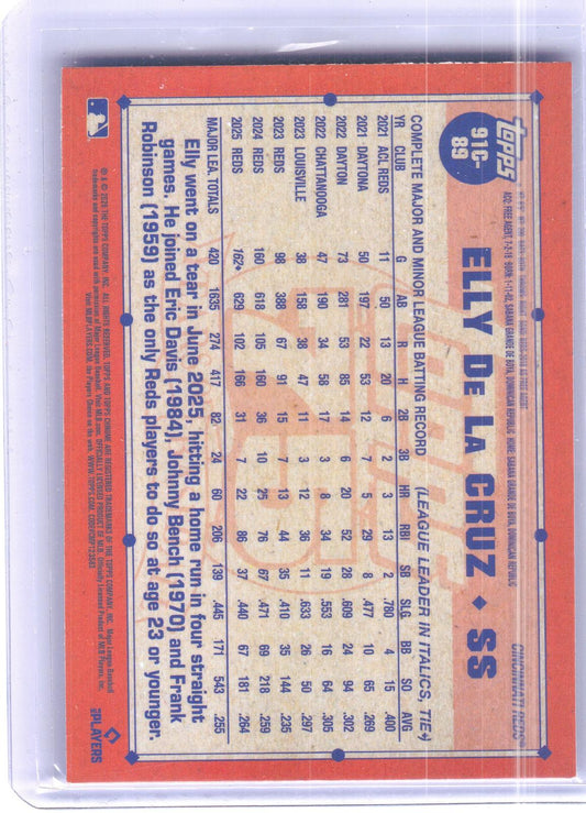 2026 Topps #91C-89 Elly De La Cruz 1991 Topps Baseball 35th Anniversary Chrome Blue Refractor (Series One) #/150 Cincinnati Reds SN
