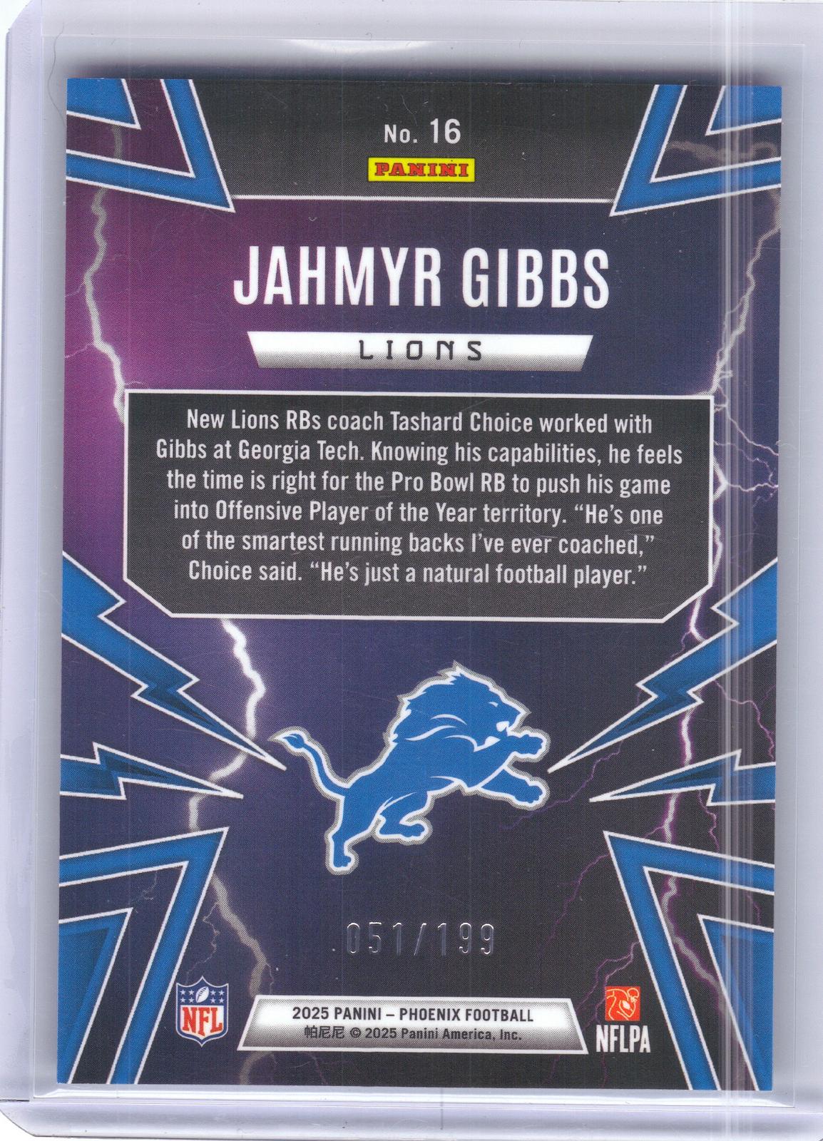 2025 Panini Phoenix #16 Jahmyr Gibbs Thunderbirds Blue Prizm #/199 Detroit Lions SN