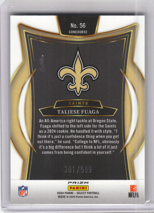 2024 Panini Select #56 Taliese Fuaga Neon Green Prizm Shock #/599 New Orleans Saints SN, RC