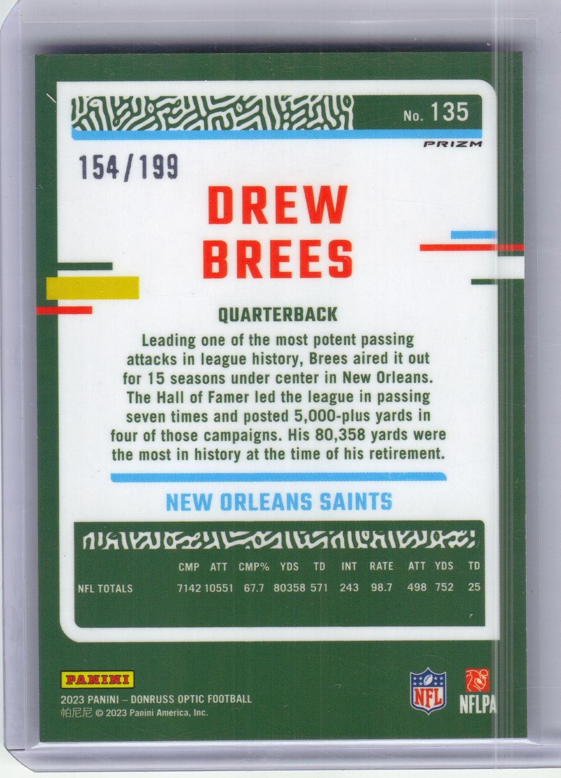 2023 Donruss Optic #135 Drew Brees Blue #/199 New Orleans Saints SN