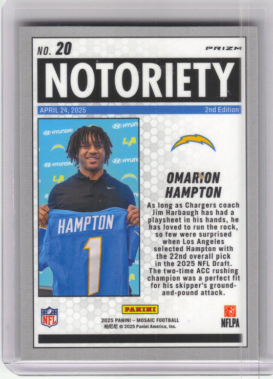 2025 Panini Mosaic #20 Omarion Hampton Notoriety Mosaic Orange Fluorescent Los Angeles Chargers