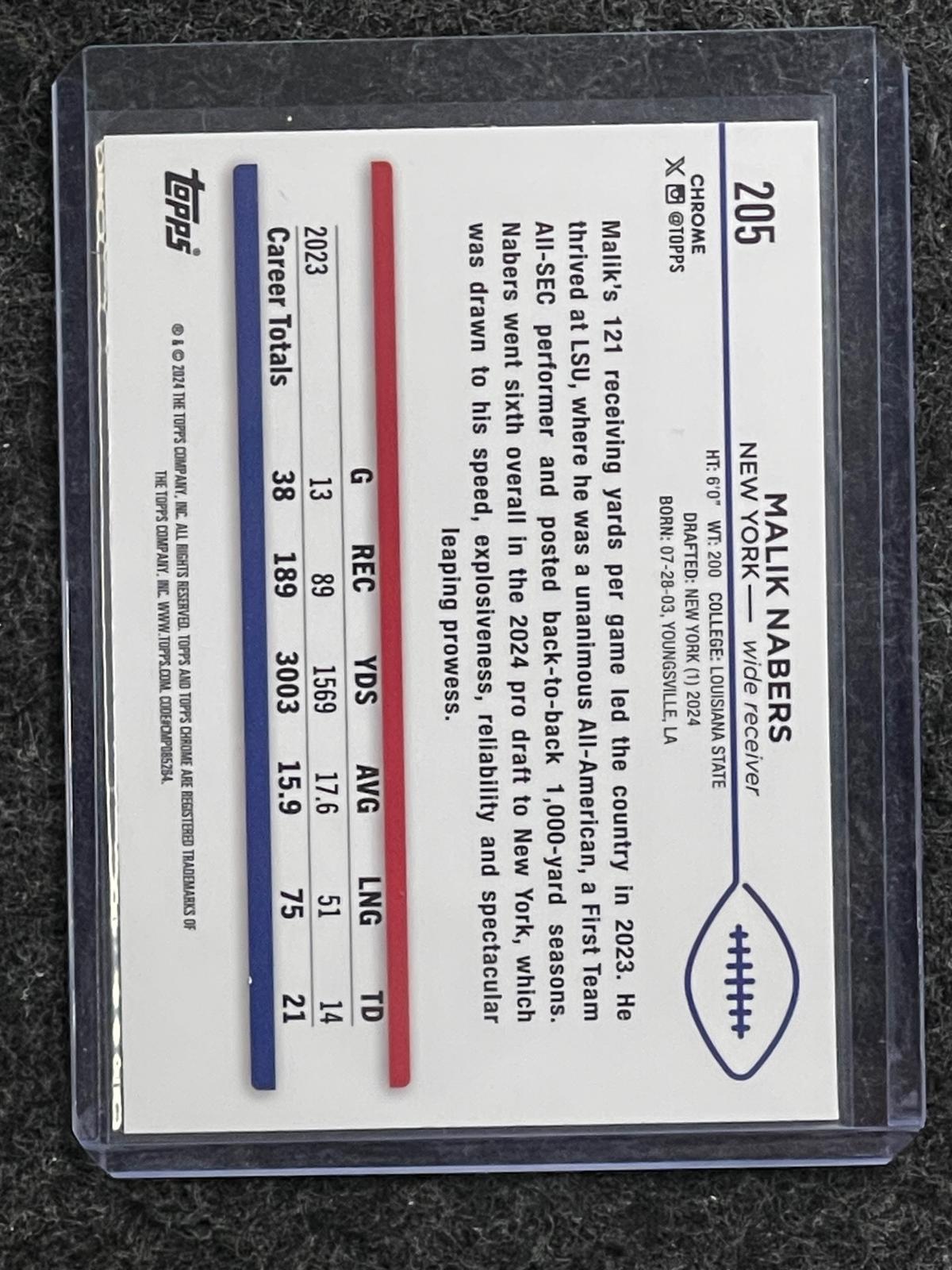 Malik Nabers RC 2024 Topps Chrome #205 Blue Sonar Refractor Team Color Match Giants