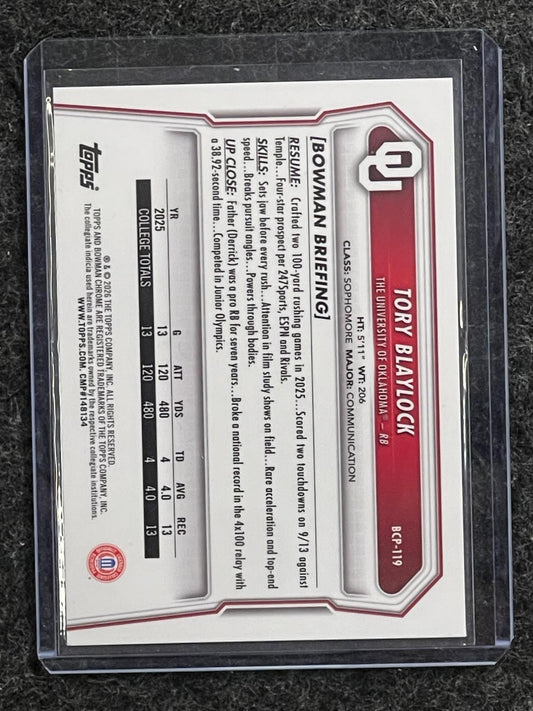 Tory Blaylock 2026 Bowman #BCP-119 Chrome Prospects Sooners