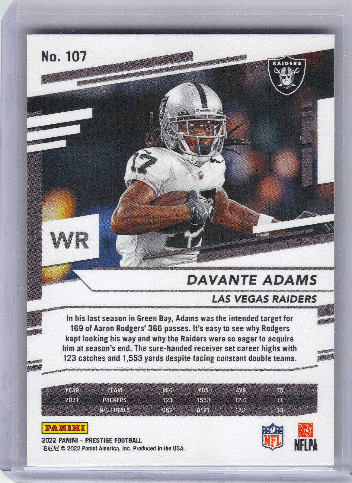 Davante Adams Las Vegas Raiders 2022 Panini Prestige - Xtra Points Astral #107 (Back)