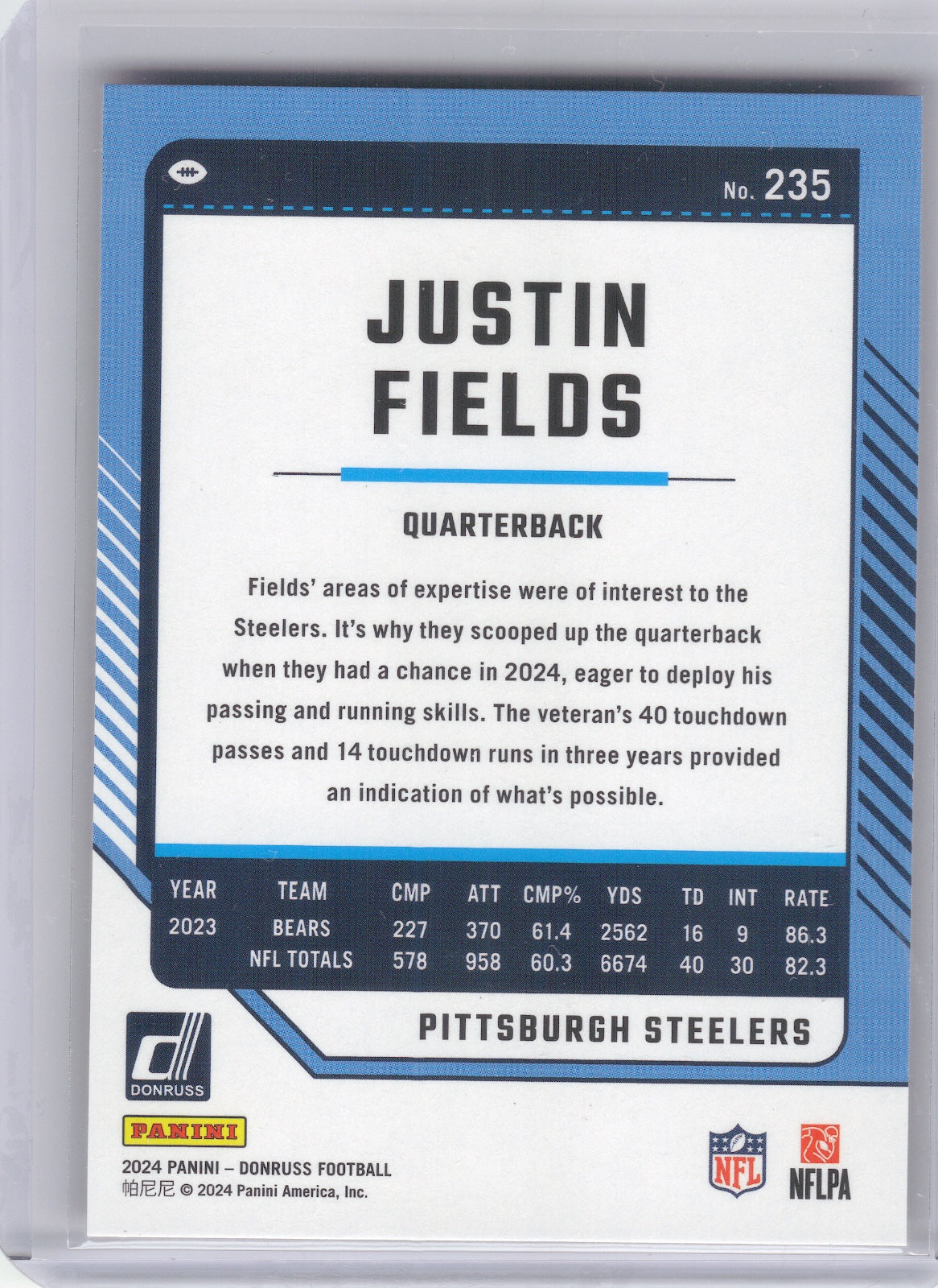 Justin Fields Pittsburgh Steelers 2024 Donruss - Press Proof Red #235 (Back)