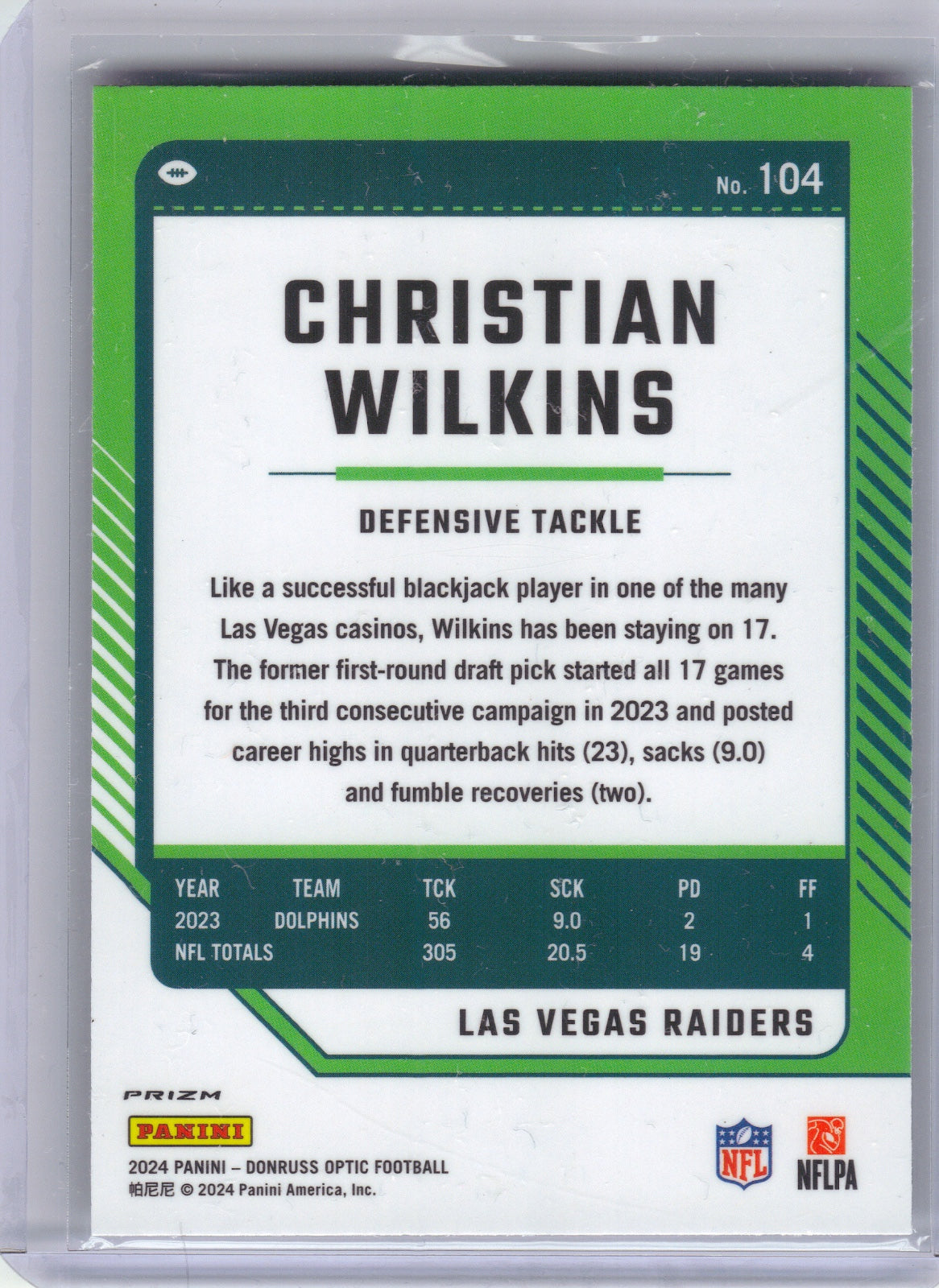 Christian Wilkins Las Vegas Raiders 2024 Donruss Optic - Holo #104 (Back)