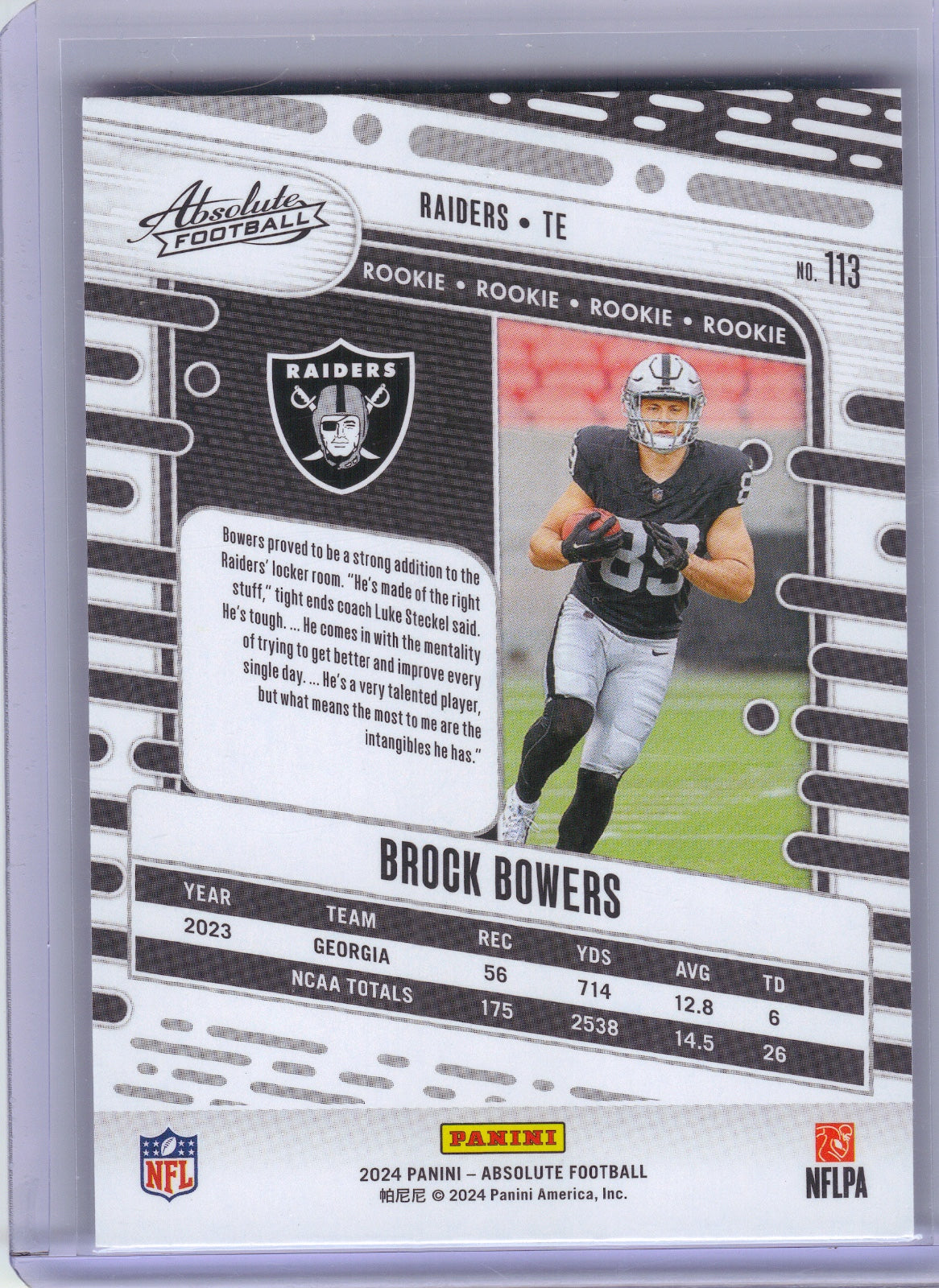 Brock Bowers Las Vegas Raiders 2024 Panini Absolute - Retail #113 RC (Back)