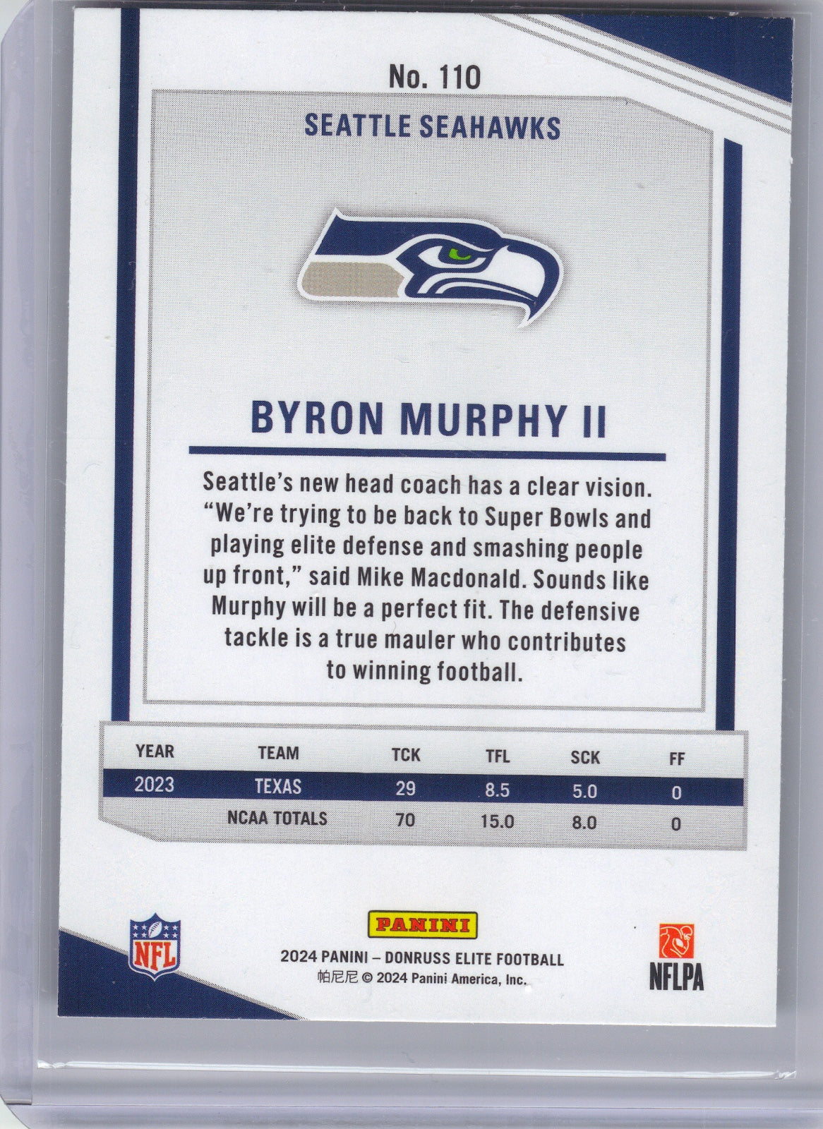 Byron Murphy II Seattle Seahawks 2024 Donruss Elite - Green Disco #110 (Back)