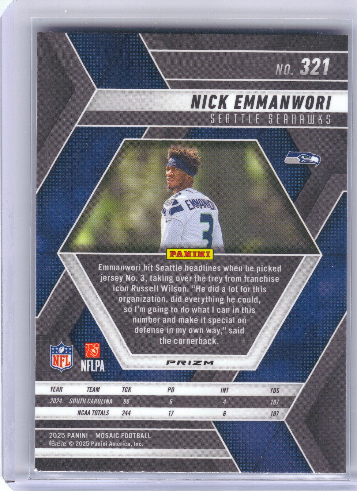 Nick Emmanwori Seattle Seahawks 2025 Panini Mosaic - Mosaic #321 (Back)