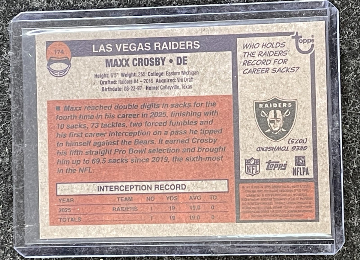 2026 Topps Heritage #174 Maxx Crosby Dark Gray Border Las Vegas Raiders back