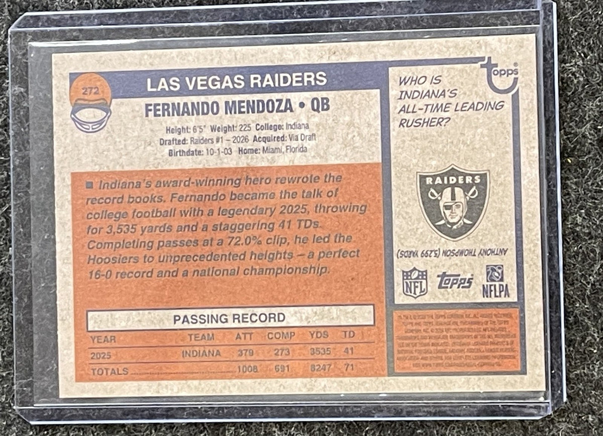 2026 Topps Heritage #272 Fernando Mendoza Image Variation SP Las Vegas Raiders RC back