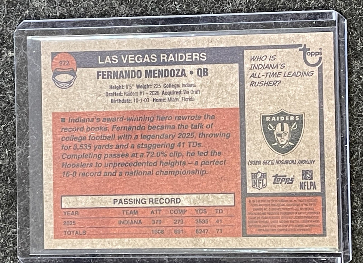 2026 Topps Heritage #272 Fernando Mendoza Las Vegas Raiders RC back