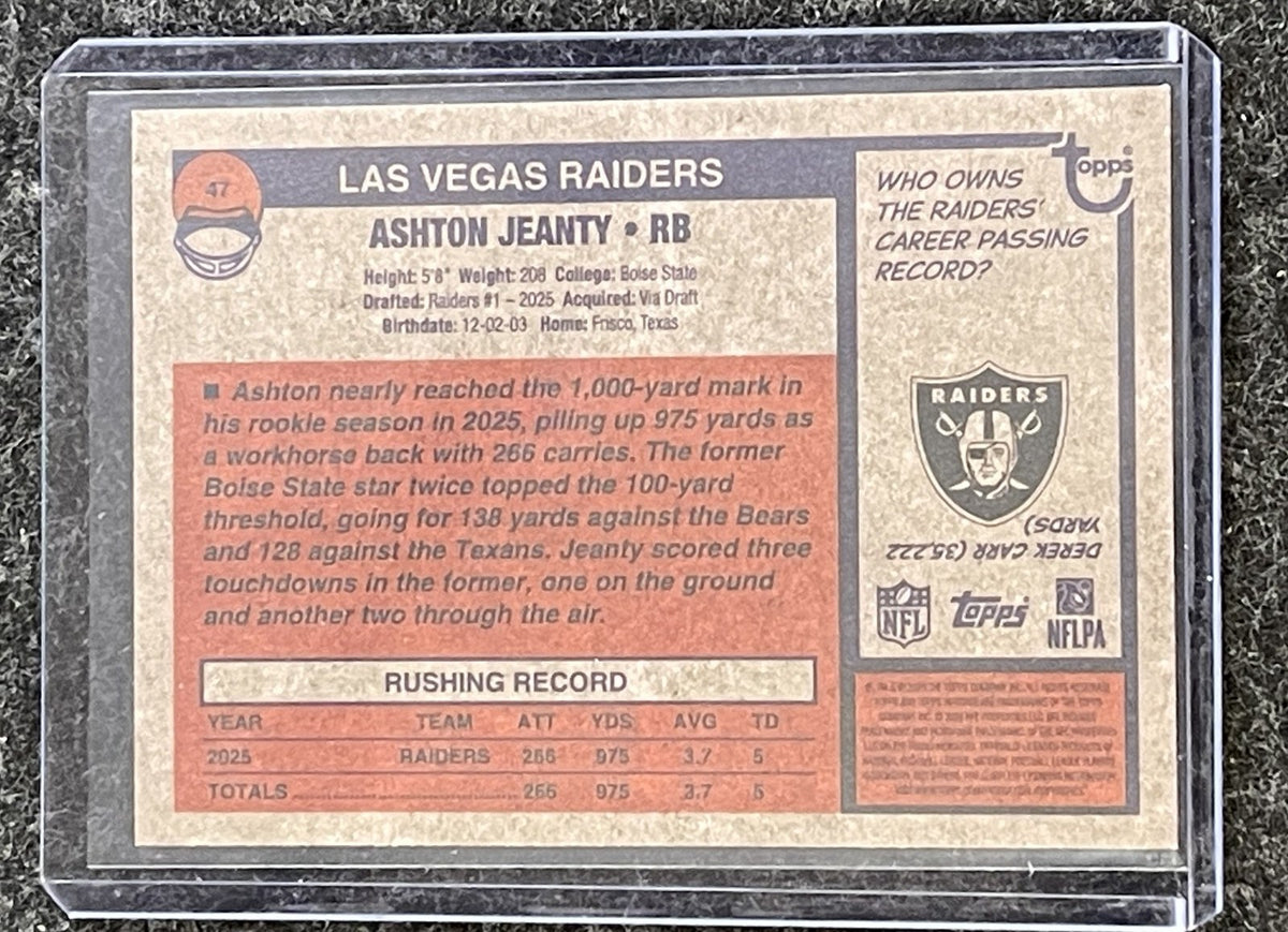 2026 Topps Heritage #47 Ashton Jeanty Dark Gray Border Las Vegas Raiders back